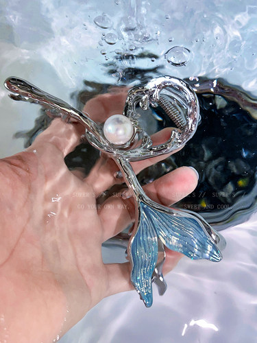 超音素蓝色海洋鱼尾抓夹金属发夹