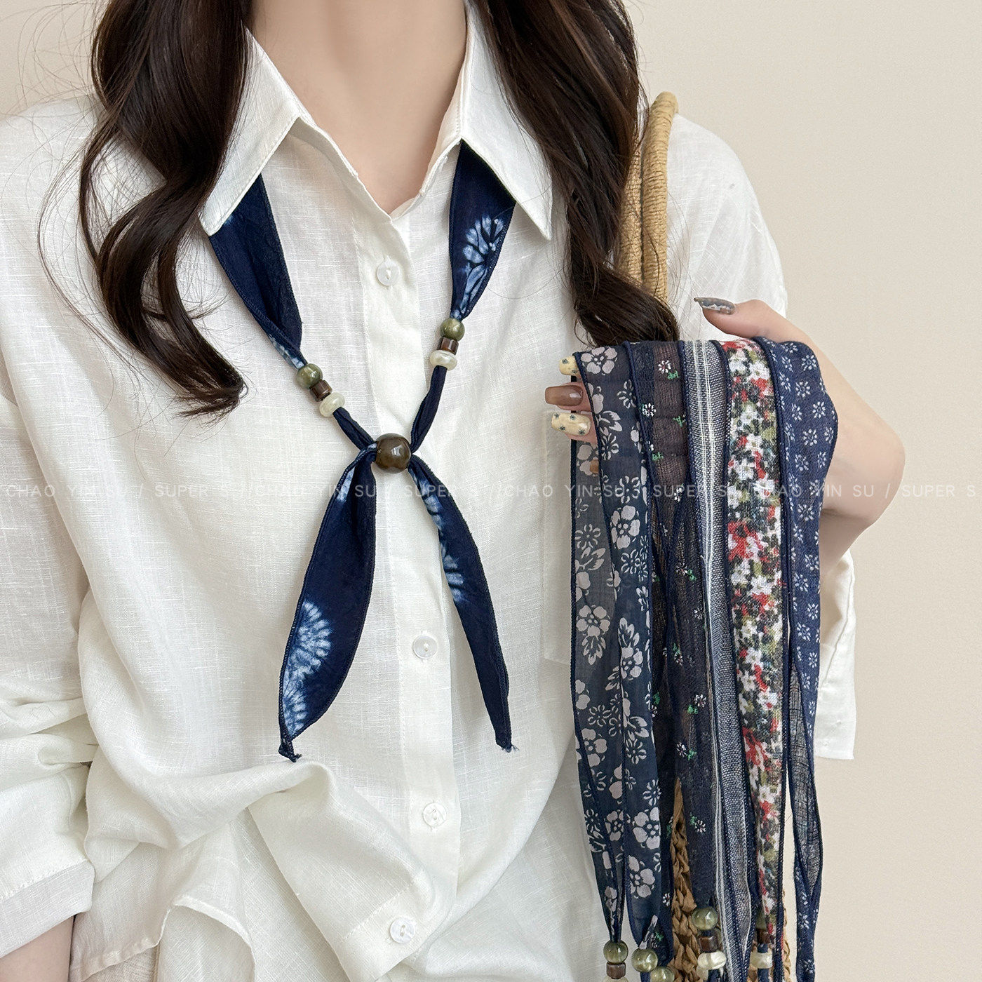 复古民族风亚麻碎花串珠丝巾项链女早春长款配衬衫领巾系脖配饰品