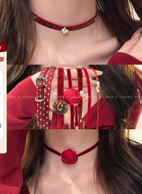 新年红色叠戴玫瑰花朵choker颈链