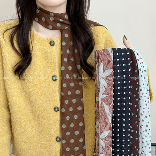 文艺少女 韩系咖绿波点丝巾围脖女小众长条系脖围巾秋冬丝带配饰