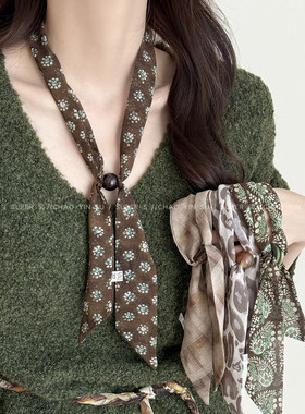 复古咖绿色系脖丝巾项链女碎花抽拉式长条搭配毛衣链丝带颈饰配饰