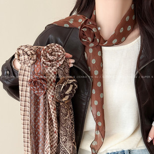 复古咖色系波点豹纹玫瑰花朵丝巾女新款长条围巾丝带配饰秋冬护颈