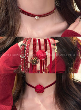 新年红色叠戴玫瑰花朵choker颈链