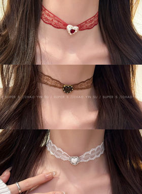 红色蕾丝爱心choker颈链项链