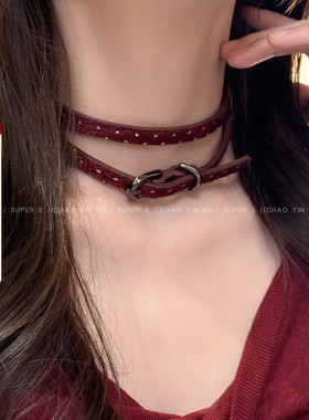 千禧辣妹氛围感酒红色choker颈链女新年双层叠戴项链系脖颈圈配饰