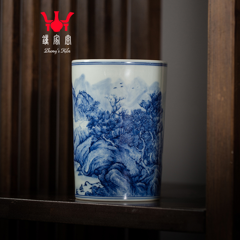 景德镇陶瓷笔筒柴窑青花瓷仿古瓷器办公室毛笔收纳筒摆件高档礼品