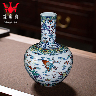 景德镇陶瓷花瓶手绘钟家窑青花斗彩八宝天球瓶新中式书房客厅摆件