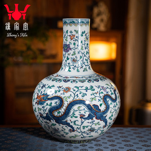 钟家窑陶瓷花瓶纯手工手绘龙凤天球瓶景德镇柴窑青花瓷客厅装饰品