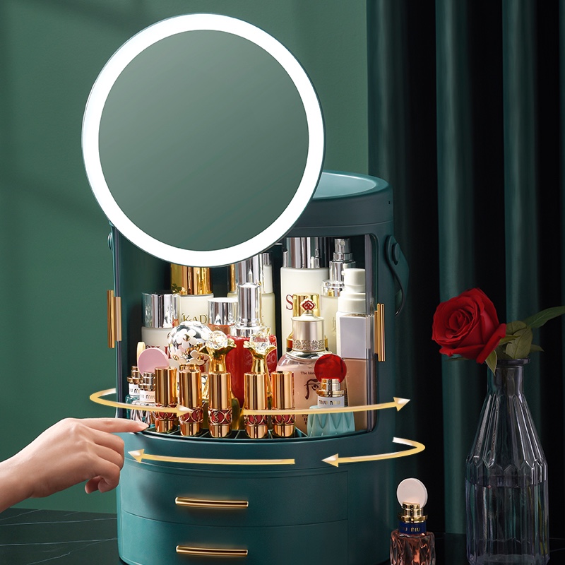 可旋转化妆品收纳盒圆形带镜子一体桌面大容量护肤品梳妆台置物架