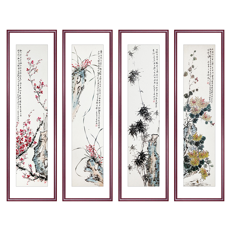 纯手绘梅兰竹菊国画花鸟挂画四条屏新中式客厅沙发背景墙装饰壁画