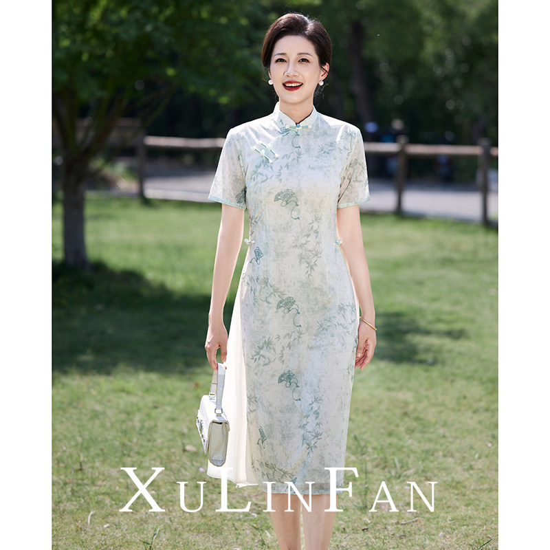 新中式绿色奥黛旗袍2026新款中年妈妈国风连衣裙大码高端日常可穿