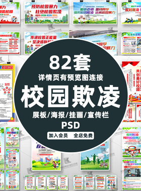 预防校园欺凌霸凌暴力学校学生安全教育宣传栏展板海报挂画PS素材