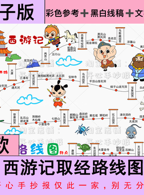西游记取经路线图思维导图四大名著电子版手抄报黑白线稿8KA3A4款