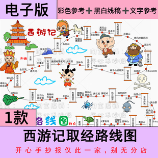 西游记取经路线图思维导图四大名著电子版手抄报黑白线稿8KA3A4款