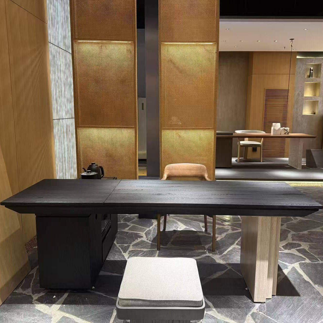 现代简约天然实木茶桌客厅家用高端奢石茶台客厅多功能可移动书桌