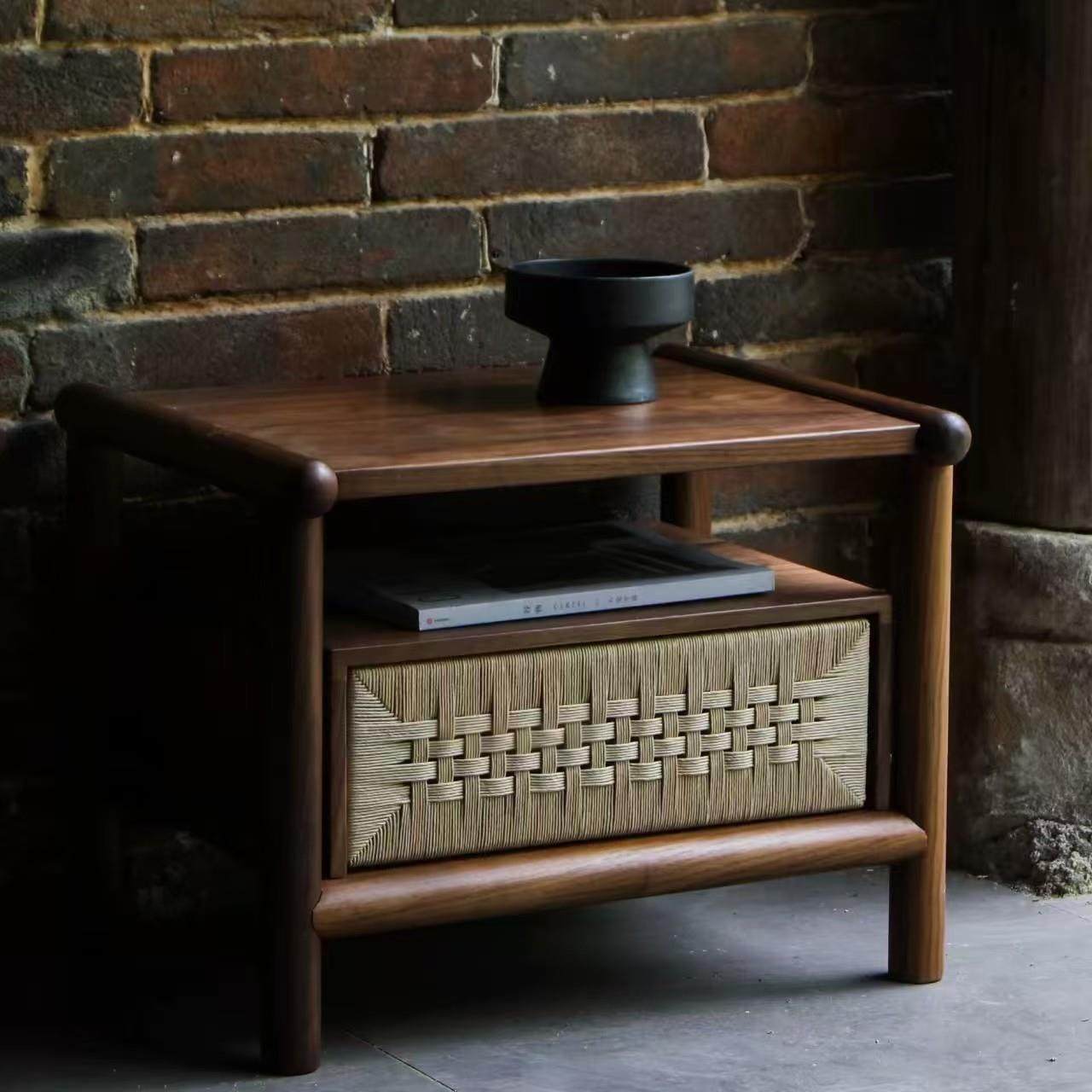 新中式复古风黑胡桃木编藤床头柜纯实木床边柜侘寂风边几卧室家具,住宅家具,角几/边几,淘宝优惠券,粉丝福利购,淘宝优惠卷