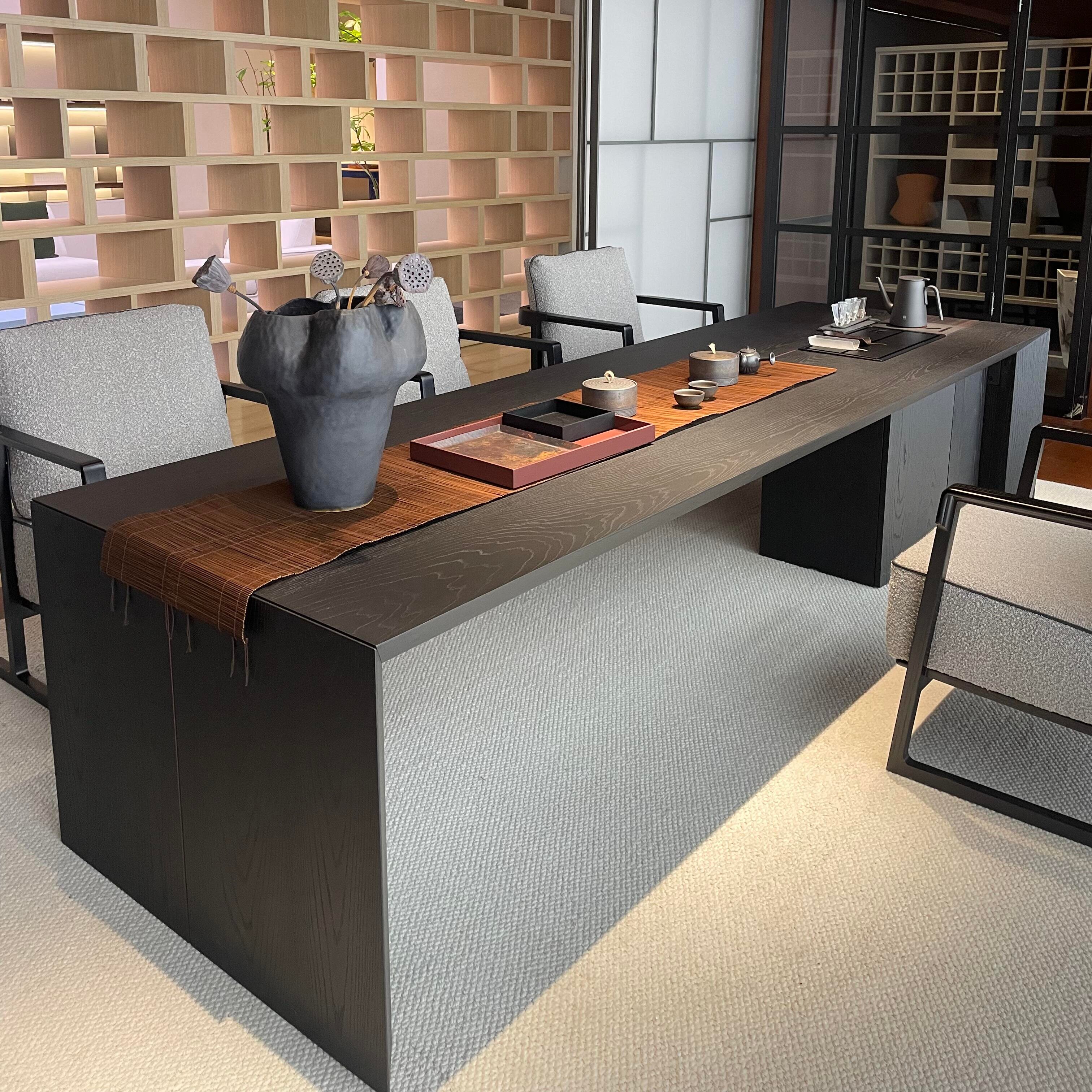 中古风实木茶桌家用办公桌会客区储物多功能茶台长方形泡茶桌组合