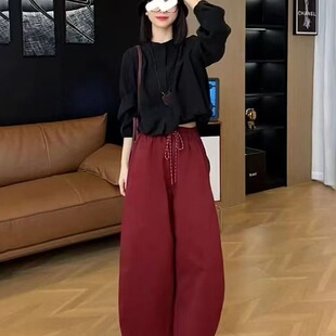 女高腰宽松休闲显瘦长裤 衬衫 圆领短款 早秋穿搭一整套简约纯色长袖