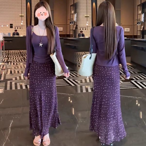 纯欲辣妹紫色吊带开衫碎花裙套装