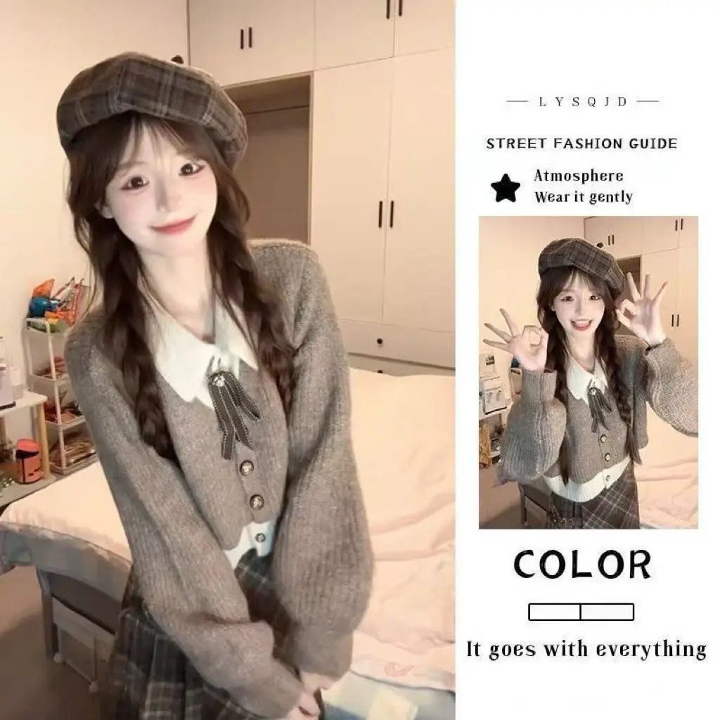 美拉德学院风减龄Polo领假两件针织毛衣上衣女秋冬搭配格纹半身裙,女装/女士精品,时尚套装,淘宝优惠券,粉丝福利购,淘宝优惠卷