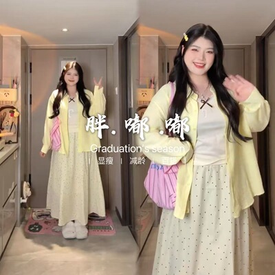 胖mm防晒衬衫波点半身裙子春夏款