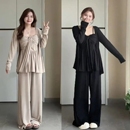 阔腿裤 微胖mm大码 设计感吊带开衫 女春秋新款 显瘦遮肉三件套女 套装