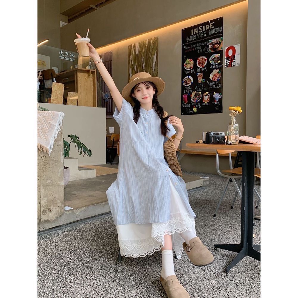 夏季韩系条纹短袖衬衫连衣裙女