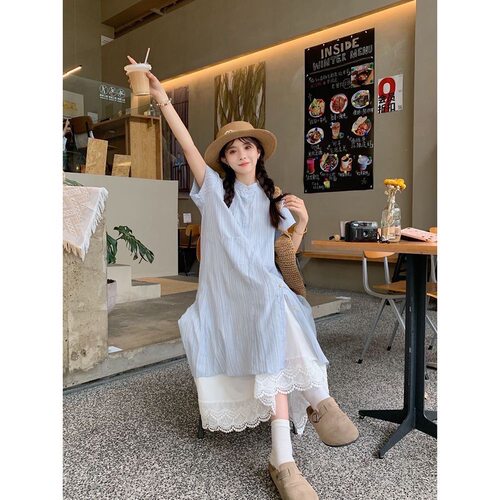 夏季韩系条纹短袖衬衫连衣裙女