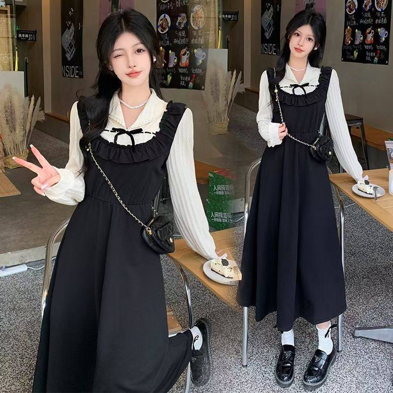 法式大码假两件拼接连衣裙女韩版温柔风胖mm显瘦收腰中长款裙子潮