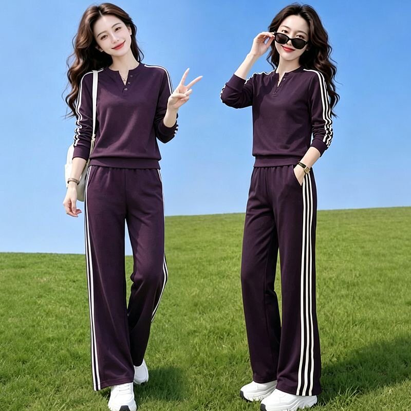 时尚V领长袖运动服套装女早秋新款显瘦百搭休闲条纹拼接两件套潮