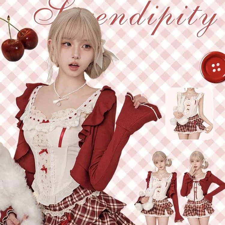 夏季纯欲甜妹蕾丝套装少女开衫蝴蝶结吊带上衣格子短裙背心三件套,女装/女士精品,时尚套装,淘宝优惠券,粉丝福利购,淘宝优惠卷