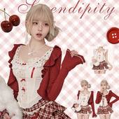 少女开衫 夏季 纯欲甜妹蕾丝套装 蝴蝶结吊带上衣格子短裙背心三件套