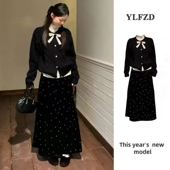 女2026春季 波点打底衫 新款 针织衫 高腰半身裙三件套 韩系长袖 套装