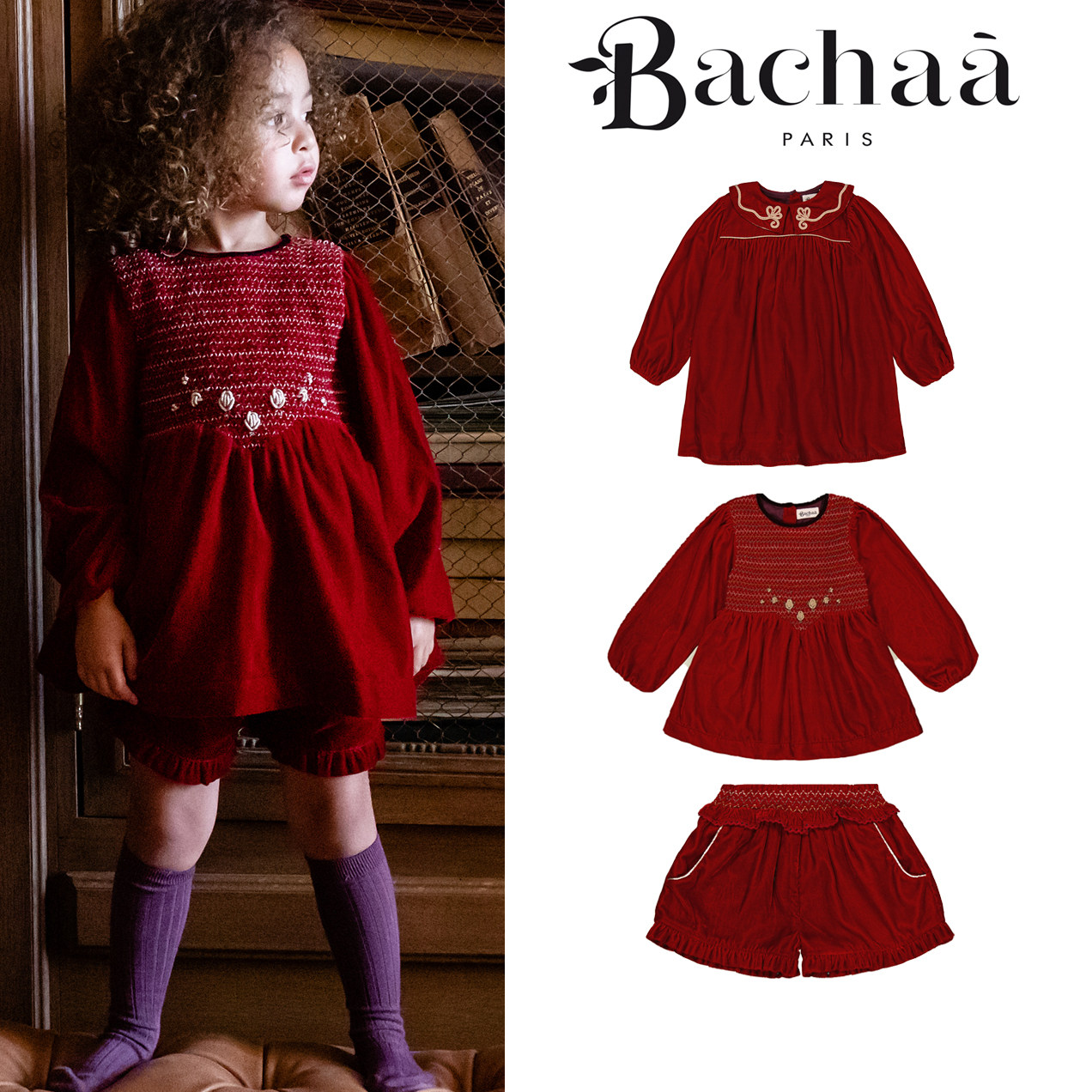 現貨 法国bachaa新品女童宫廷风丝绒翻领刺绣连衣裙