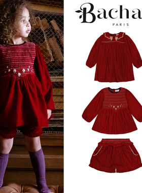 3折清仓 法国Bachaa新品女童宫廷风丝绒翻领刺绣连衣裙