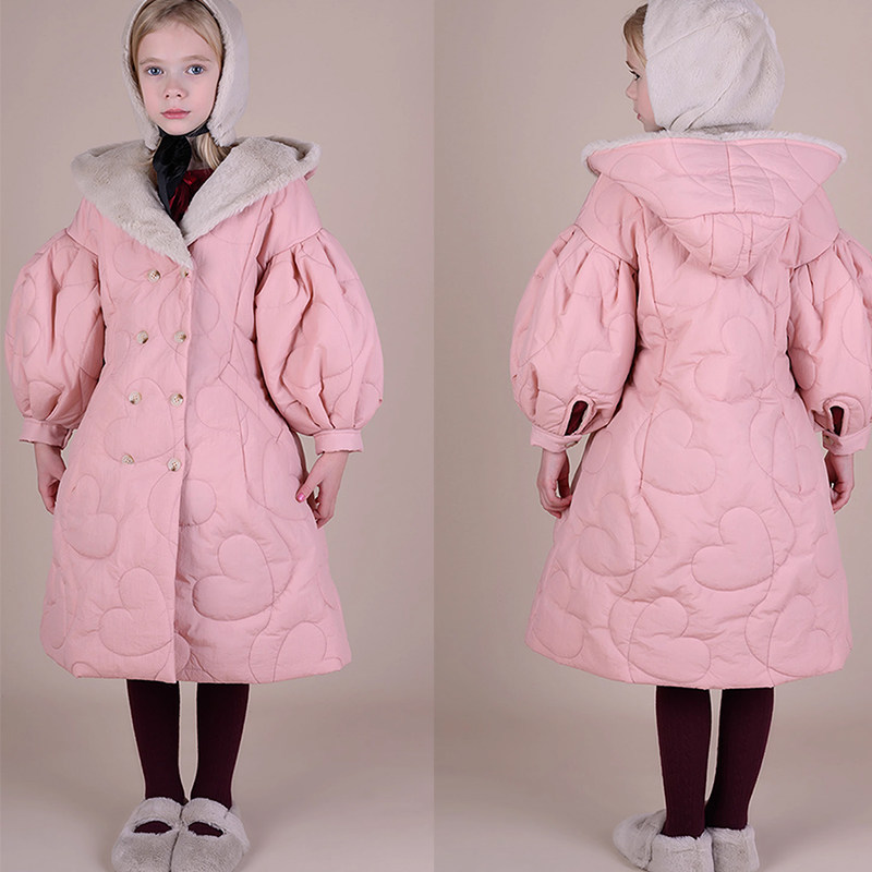 24秋冬 raspberry plum新款女童中长款棉服泡泡袖保暖外套大衣