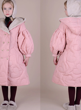 24秋冬 raspberry plum新款女童中长款棉服泡泡袖保暖外套大衣