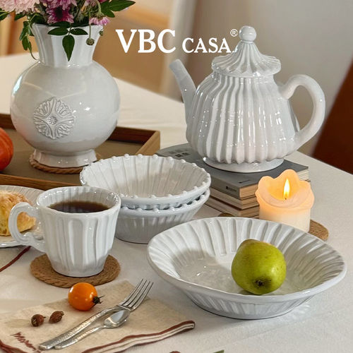 意大利VBC Casa条纹餐具盘子黑陶餐盘复古浮雕沙拉盘椭圆盘