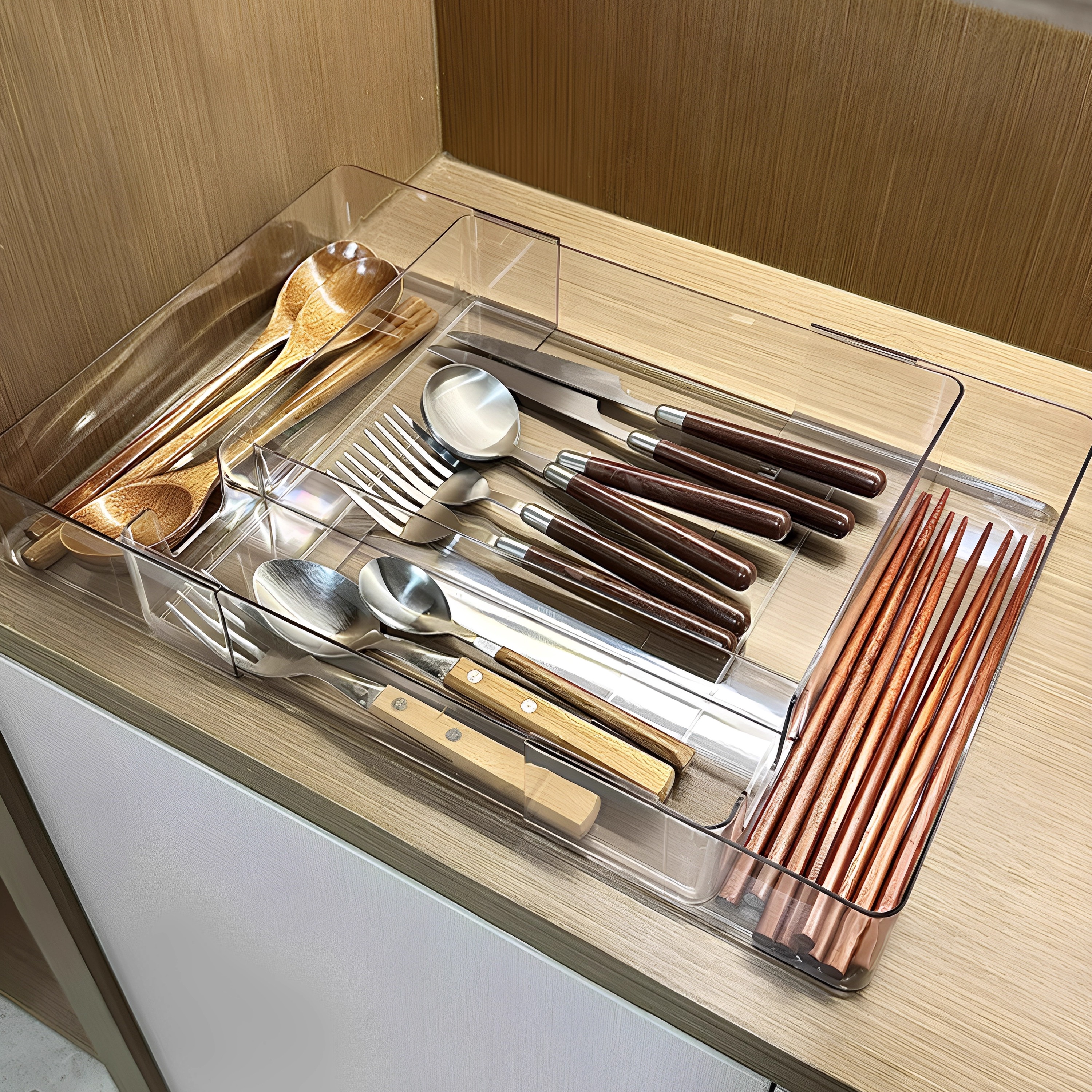 抽屉分格收纳盒可伸缩内置分隔整理盒餐具筷子勺子厨房置物透明
