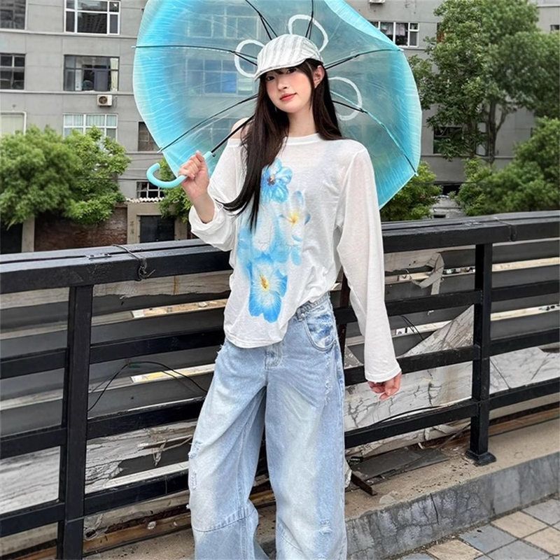白色微透露肩斜肩防晒罩衫长袖t恤女夏薄纱透气宽松显瘦百搭上衣