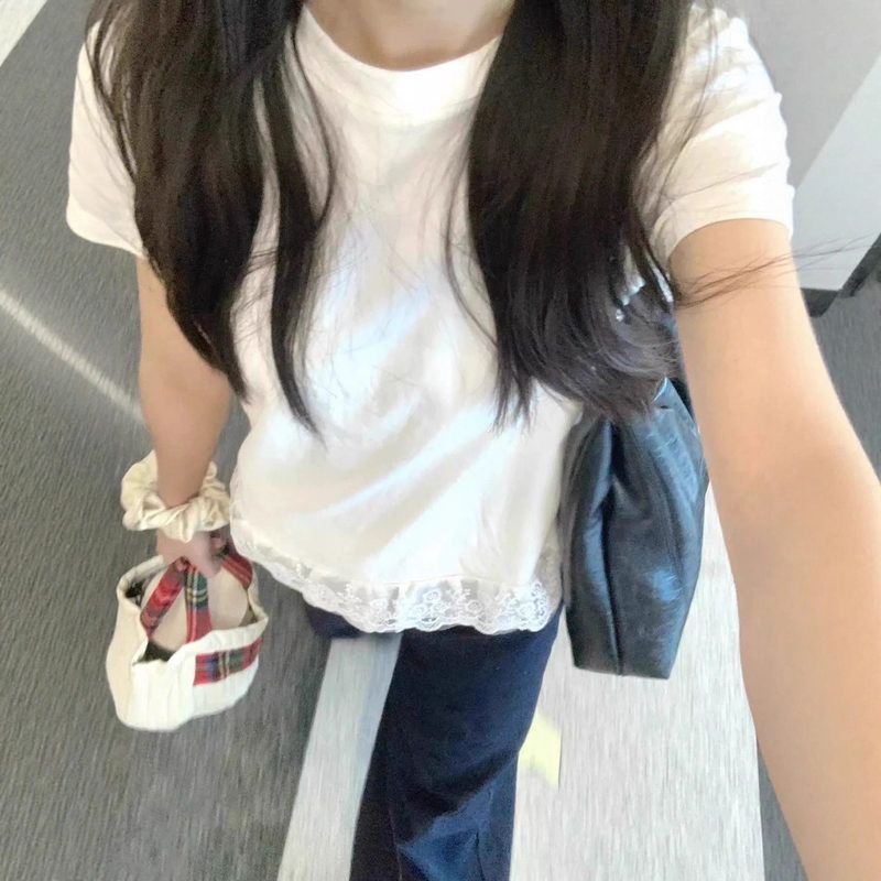 2025夏季新款韩版气质复古蕾丝花边短袖t恤女ins百搭显瘦正肩上衣