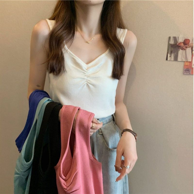 设计感小众短款针织吊带背心女夏季外穿新款无袖V领修身内搭上衣
