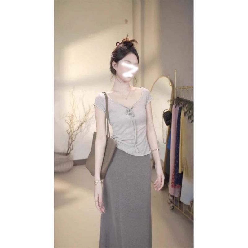 工厂批发小众设计感大领口短袖T恤女夏低U领挂脖正肩收腰修身上衣