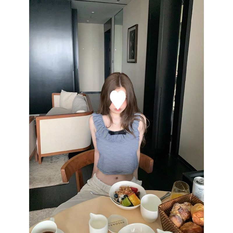 韩系甜辣藏青色蝴蝶结条纹背带背心女2025新款夏季外穿无袖上衣
