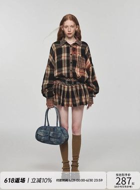 1JINN STUDIO甜酷chic风扎染格子拼接套装撞色oversize衬衫上衣