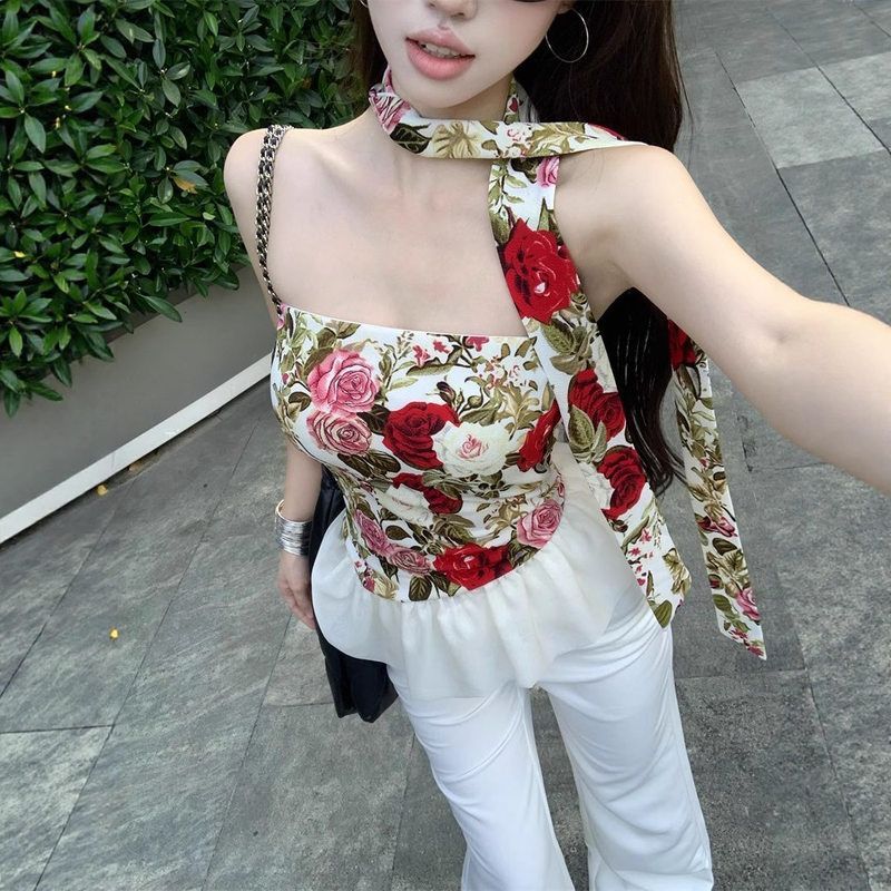 荷叶边飘带露背抹胸背心女夏季修身无袖裹胸纯欲辣妹绝美外穿上衣