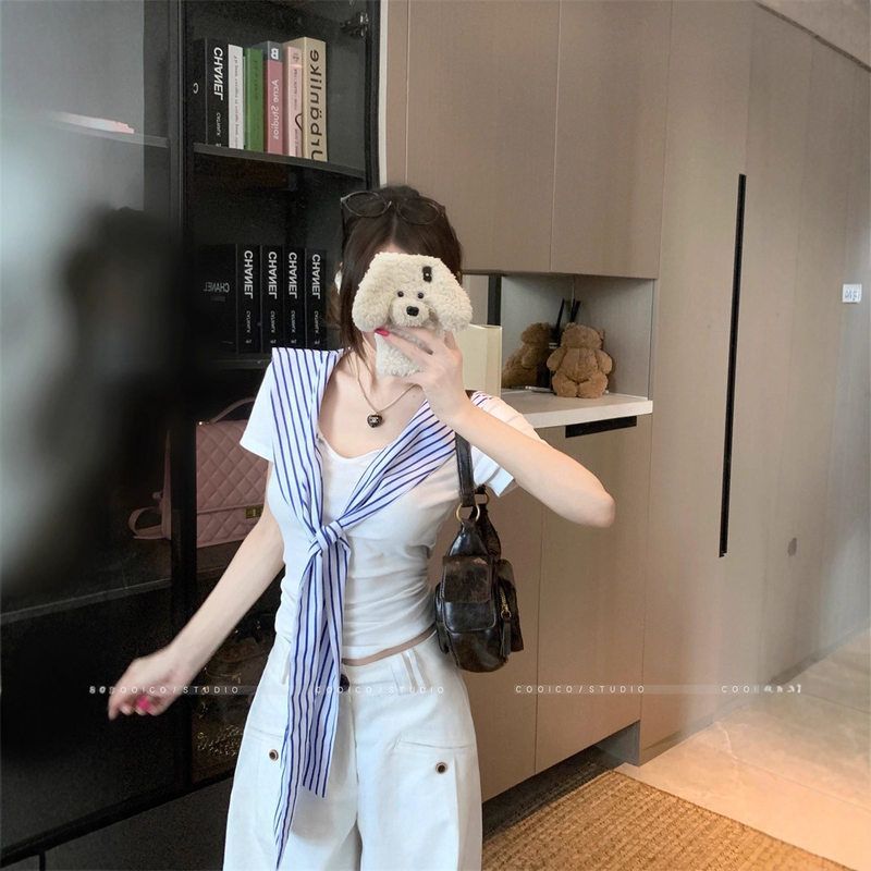【原版做法】设计感假两件条纹海军领短袖T恤女夏季显瘦白色上衣