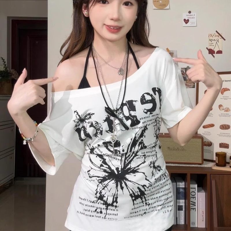 2025新款夏季美式复古露肩白色短袖t恤女抽绳收腰显瘦斜肩上衣潮