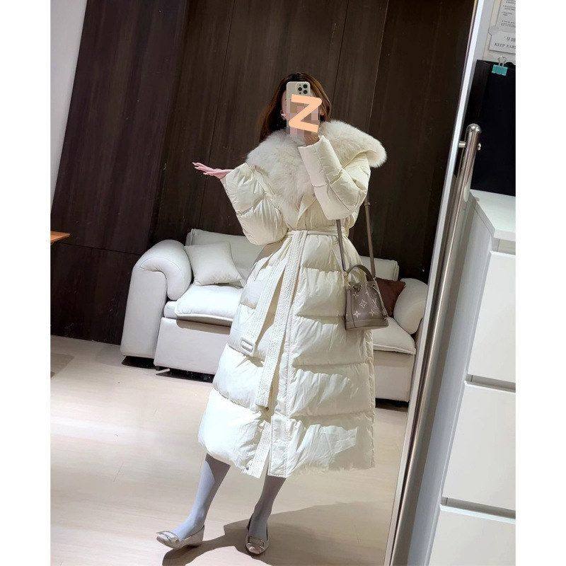 韩系仿狐狸毛领长款羽绒棉服女装2025冬季新款加厚收腰外套