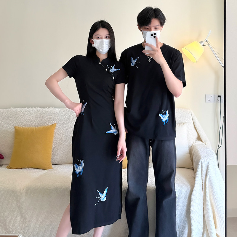 实拍甜美新款度假文艺女改良旗袍国风立领气质绣花连衣裙情侣装QY